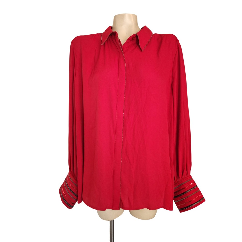 Chicos Red Plus Size Beaded Sequin Cuff Blouse Top 4X Hidden Placket officecore